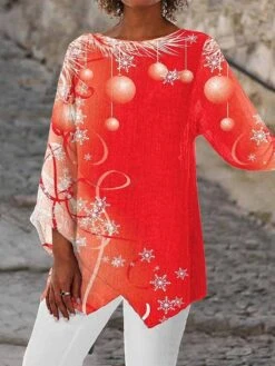 Women's Shirt Christmas Shirt White Yellow Wine Christmas Tree Snowflake Deer Asymmetric Print Long Sleeve Christmas Weekend Streetwear Print Christmas Round Neck Regular Fit -Cheap Women Clothing Store eanjmd1666257049536