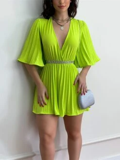 Women's Romper Pleated Solid Color V Neck Streetwear Street Xmas Daily Party Christmas Regular Fit 3/4 Length Sleeve Light Green Pink Fuchsia S M L Summer -Cheap Women Clothing Store ebsdmf1681203096744