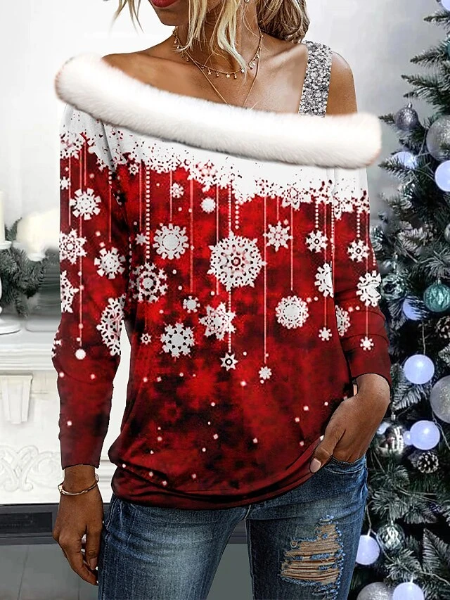 Women's Blouse Christmas Shirt Pink Red Blue Snowflake Print Long Sleeve Christmas Casual Festival / Holiday Fur Collar Regular Fit Spring &Fall 4 Women's Blouse Christmas Shirt Pink Red Blue Snowflake Print Long Sleeve Christmas Casual Festival / Holiday Fur Collar Regular Fit Spring &Fall - Image 2