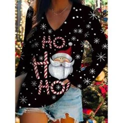 Women's T Shirt Tee Christmas Shirt Black Pink Wine Christmas Tree Print Long Sleeve Christmas Weekend Basic Print Christmas V Neck Regular Fit Painting Fall & Winter -Cheap Women Clothing Store efkytw1666084735773