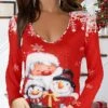 Women's T Shirt Tee Black White Red Santa Claus Snowman Reindeer Print Long Sleeve Christmas Weekend Basic V Neck Regular Fit Painting -Cheap Women Clothing Store egfhsv1666249872931