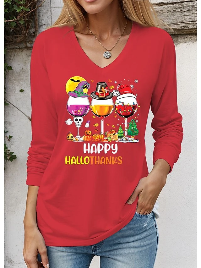 Women's T Shirt Tee Christmas Shirt Black White Red Wine Glass Print Long Sleeve Christmas Weekend Festival / Holiday Christmas V Neck Regular Fit Painting Spring &Fall 5 Women's T Shirt Tee Christmas Shirt Black White Red Wine Glass Print Long Sleeve Christmas Weekend Festival / Holiday Christmas V Neck Regular Fit Painting Spring &Fall - Image 3