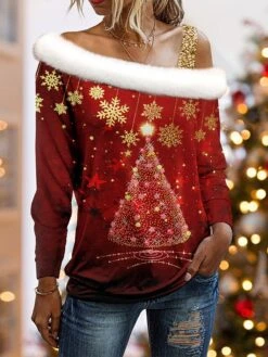 Women's Blouse Christmas Shirt Yellow Red Blue Christmas Tree Snowflake Print Long Sleeve Christmas Casual Festival / Holiday Fur Collar Regular Fit Spring &Fall