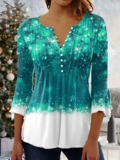 Women's Shirt Blouse Christmas Shirt Denim Blue Grass Green Black Snowflake Button Print 3/4 Length Sleeve Christmas Streetwear Casual Round Neck Regular Fit 18 Women's Shirt Blouse Christmas Shirt Denim Blue Grass Green Black Snowflake Button Print 3/4 Length Sleeve Christmas Streetwear Casual Round Neck Regular Fit -Cheap Women Clothing Store egudft1664785424476