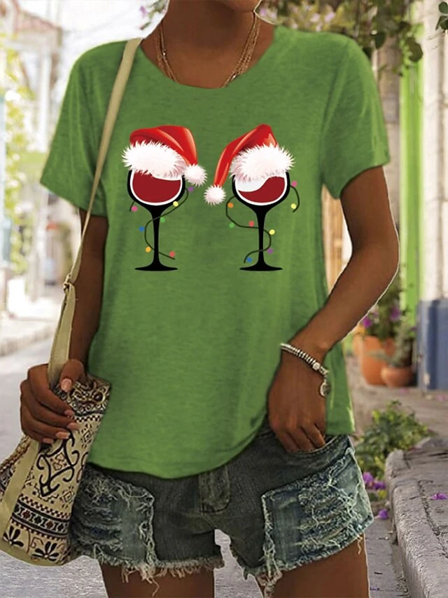 Women's T Shirt Tee Christmas Shirt 100% Cotton White Light Green Army Green Graphic Print Short Sleeve Christmas Daily Holiday Basic Christmas Round Neck Regular Fit Painting 6 Women's T Shirt Tee Christmas Shirt 100% Cotton White Light Green Army Green Graphic Print Short Sleeve Christmas Daily Holiday Basic Christmas Round Neck Regular Fit Painting - Image 4