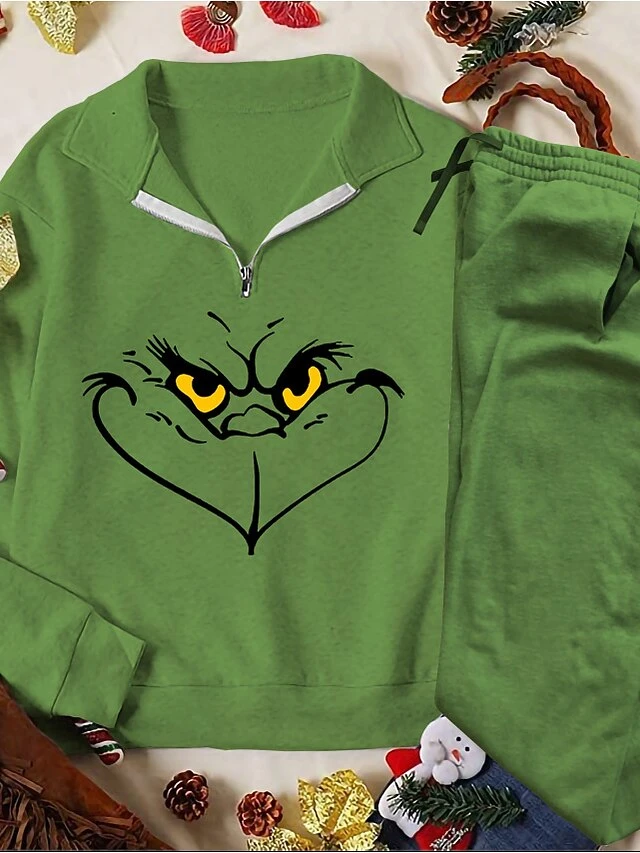 Women's Sweatshirt Tracksuit Pants Sets Christmas Shirt Light Green Army Green Dark Green Graphic Ugly Christmas Monster Zipper Drawstring Print Long Sleeve Outdoor Casual Active Sports Christmas V 4 Women's Sweatshirt Tracksuit Pants Sets Christmas Shirt Light Green Army Green Dark Green Graphic Ugly Christmas Monster Zipper Drawstring Print Long Sleeve Outdoor Casual Active Sports Christmas V - Image 2