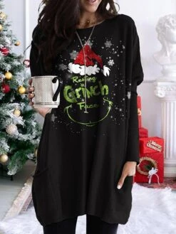 Women's T Shirt Tee Christmas Shirt Black Gray Graphic Text Snowflake Pocket Print Long Sleeve Christmas Weekend Basic Christmas Round Neck Regular Fit Painting