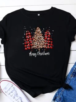Women's T Shirt Tee Christmas Shirt 100% Cotton Black Red Brown Leopard Christmas Tree Reindeer Print Short Sleeve Christmas Gift Casual Basic Christmas Round Neck Regular Fit Painting -Cheap Women Clothing Store ejdeiw1637892761179