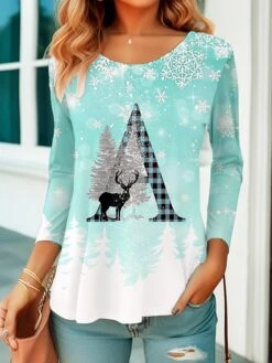 Women's T Shirt Tee Christmas Shirt Yellow Pink Purple Christmas Tree Snowflake Reindeer Print Long Sleeve Christmas Weekend Festival / Holiday Christmas Round Neck Regular Fit Painting Spring &Fall -Cheap Women Clothing Store ejgagz1695118577225