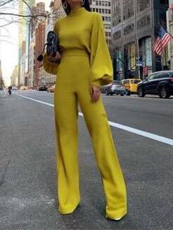 Women's Jumpsuit High Waist Solid Color Stand Collar Streetwear Xmas Office Christmas Regular Fit Long Sleeve Lantern Sleeve Black White Yellow S M L Fall -Cheap Women Clothing Store ejtjwc1695347355945