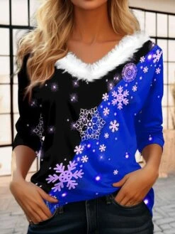 Women's T Shirt Tee Christmas Shirt Red Blue Purple Snowflake Print Long Sleeve Party Christmas Weekend Festival / Holiday Print Christmas Fur Collar V Neck Regular Fit Painting Fall & Winter 10 Women's T Shirt Tee Christmas Shirt Red Blue Purple Snowflake Print Long Sleeve Party Christmas Weekend Festival / Holiday Print Christmas Fur Collar V Neck Regular Fit Painting Fall & Winter -Cheap Women Clothing Store ekamsu1694684378407