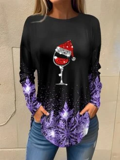 Women's T Shirt Tee Christmas Shirt Red Blue Purple Snowflake Wine Glass Rhinestone Print Long Sleeve Party Christmas Weekend Festival / Holiday Christmas Round Neck Regular Fit Painting Spring -Cheap Women Clothing Store ekkcpm1694599491806
