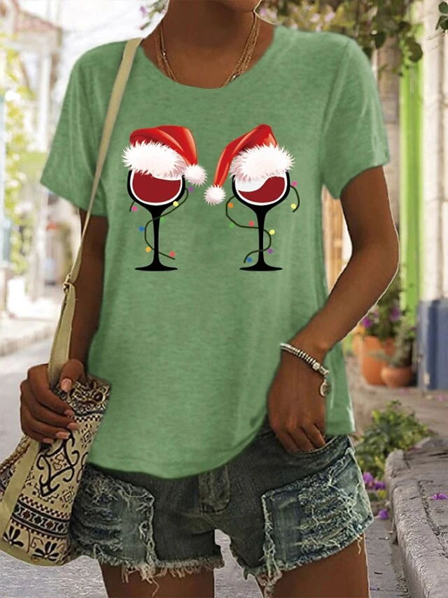Women's T Shirt Tee Christmas Shirt 100% Cotton White Light Green Army Green Graphic Print Short Sleeve Christmas Daily Holiday Basic Christmas Round Neck Regular Fit Painting 5 Women's T Shirt Tee Christmas Shirt 100% Cotton White Light Green Army Green Graphic Print Short Sleeve Christmas Daily Holiday Basic Christmas Round Neck Regular Fit Painting - Image 3