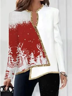 Women's Shirt Christmas Shirt White Wine Red Floral Snowflake Deer Asymmetric Print Long Sleeve Christmas Casual Basic Print V Neck Regular Fit Floral