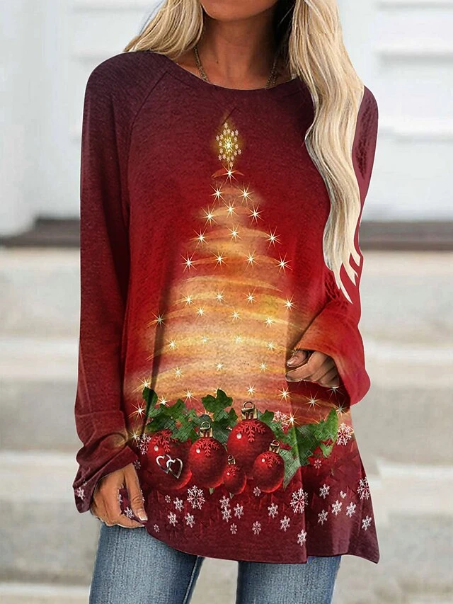 Women's T Shirt Tee Burgundy Tee Christmas Shirt Black Wine Red Christmas Tree Print Long Sleeve Christmas Weekend Basic Print Christmas Round Neck Regular Fit Painting Fall & Winter 10 Women's T Shirt Tee Burgundy Tee Christmas Shirt Black Wine Red Christmas Tree Print Long Sleeve Christmas Weekend Basic Print Christmas Round Neck Regular Fit Painting Fall & Winter - Image 8