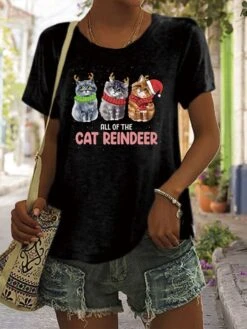 Women's T Shirt Tee Christmas Shirt 100% Cotton Black White Wine Graphic Cat Letter Print Short Sleeve Christmas Daily Holiday Basic Christmas Round Neck Regular Fit Cat -Cheap Women Clothing Store enered1666754593696