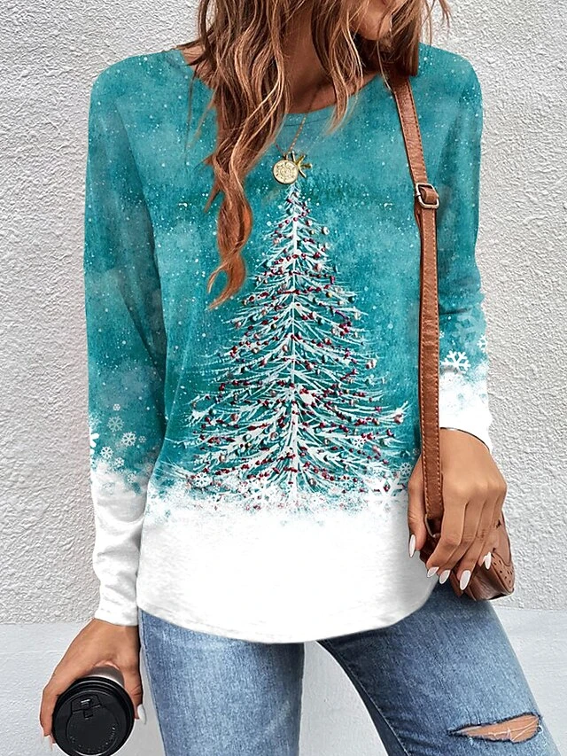 Women's T Shirt Tee Christmas Shirt Pink Blue Green Christmas Tree Print Long Sleeve Christmas Weekend Festival / Holiday Round Neck Regular Fit Painting Spring &Fall 4 Women's T Shirt Tee Christmas Shirt Pink Blue Green Christmas Tree Print Long Sleeve Christmas Weekend Festival / Holiday Round Neck Regular Fit Painting Spring &Fall - Image 2