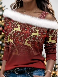 Women's Shirt Blouse Christmas Shirt Red Blue Green Deer Print Long Sleeve Party Christmas Casual Festival / Holiday Fur Collar Regular Fit Fall & Winter