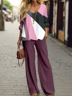 Women's Pants Sets Pink Blue Green Color Block Print Long Sleeve Party Festival Christmas Round Neck Regular Fit Spring &Fall -Cheap Women Clothing Store eobkvg1697450509326