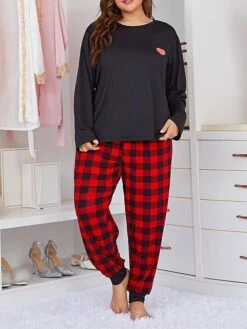 Women's Sweatshirt Pants Sets Christmas Shirt Red Blue Plaid Print Long Sleeve Casual Holiday Fashion Christmas Round Neck Loose Fit Fall & Winter