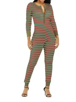 Women's Jumpsuit Button Print Striped V Neck Streetwear Christmas Street Xmas Regular Fit Long Sleeve Pink Red Blue S M L Fall -Cheap Women Clothing Store epmsyt1695792393832