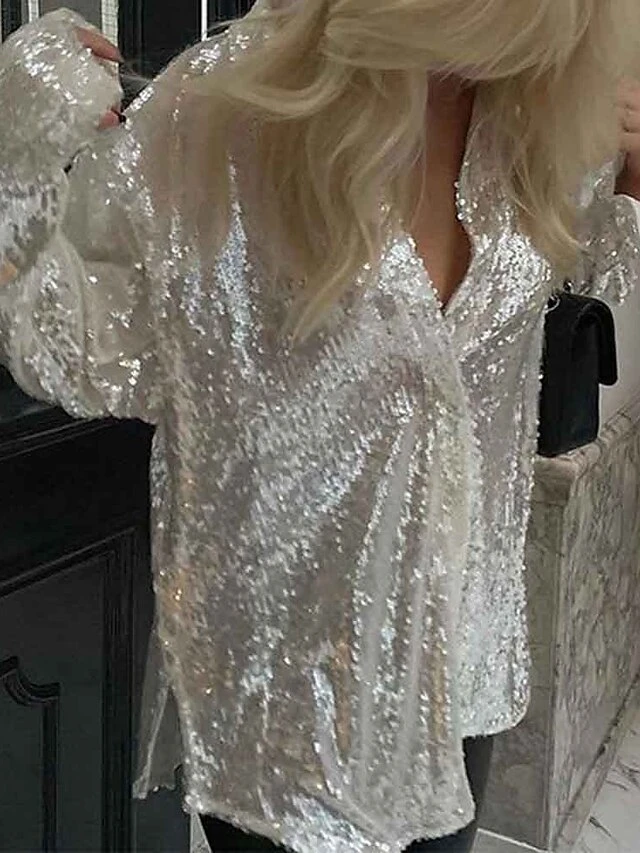 Women's Shirt Blouse Silver Blue Green Sparkly Sequins Long Sleeve Party Christmas Fashion Shirt Collar Regular Fit Spring &Fall 9 Women's Shirt Blouse Silver Blue Green Sparkly Sequins Long Sleeve Party Christmas Fashion Shirt Collar Regular Fit Spring &Fall - Image 7