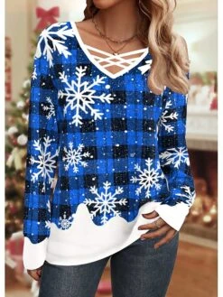 Women's T Shirt Tee Christmas Shirt Pink Red Blue Plaid Snowflake Print Long Sleeve Christmas Weekend Festival / Holiday V Neck Regular Fit Painting Spring &Fall -Cheap Women Clothing Store epyusy1697527775722