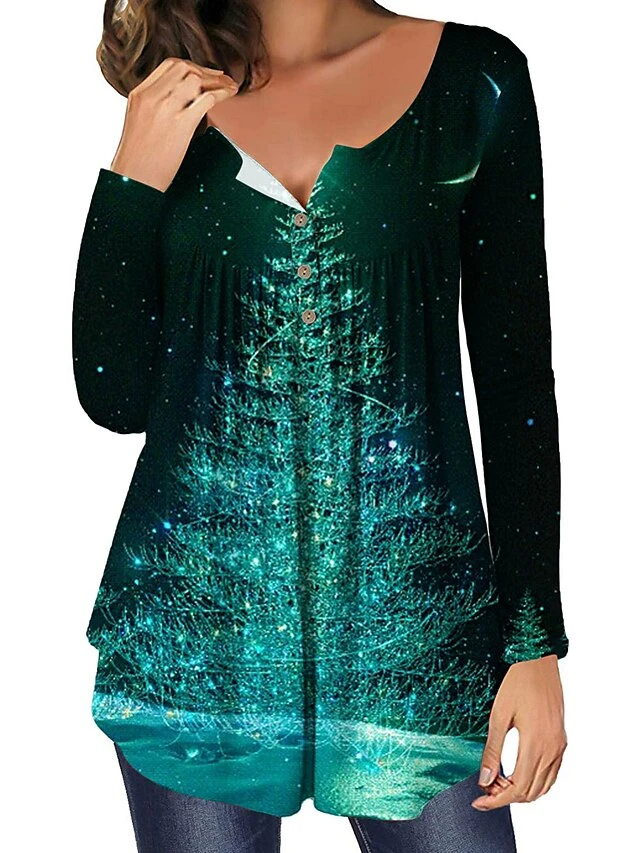 Women's Shirt Christmas Shirt Black Yellow Red Christmas Tree Button Flowing Tunic Print Long Sleeve Christmas Weekend Streetwear Print Christmas Round Neck Regular Fit 5 Women's Shirt Christmas Shirt Black Yellow Red Christmas Tree Button Flowing Tunic Print Long Sleeve Christmas Weekend Streetwear Print Christmas Round Neck Regular Fit - Image 3