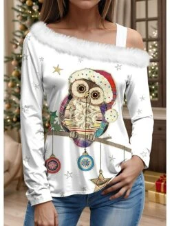 Women's Shirt Blouse Christmas Shirt White Graphic Print Long Sleeve Party Christmas Casual Festival / Holiday Fur Collar Regular Fit Fall & Winter