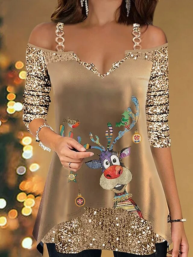 Women's Blouse Christmas Shirt Gold Sparkly Deer Sequins Print Long Sleeve Party Christmas Casual Festival / Holiday V Neck Regular Fit Cold Shoulder Spring &Fall 3 Women's Blouse Christmas Shirt Gold Sparkly Deer Sequins Print Long Sleeve Party Christmas Casual Festival / Holiday V Neck Regular Fit Cold Shoulder Spring &Fall