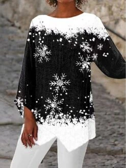 Women's Shirt Blouse Christmas Shirt Black White Blue Snowman Christmas Tree Snowflake Asymmetric Print Long Sleeve Party Christmas Casual Festival / Holiday Print Round Neck Regular Fit Spring -Cheap Women Clothing Store esddwd1694687622957