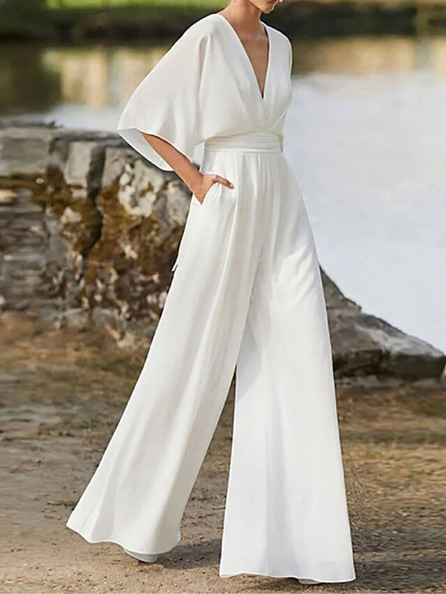 Women's Jumpsuit Pocket High Waist Solid Color V Neck Elegant Christmas Wedding Party Xmas Regular Fit 3/4 Length Sleeve Black White Pink S M L Fall 4 Women's Jumpsuit Pocket High Waist Solid Color V Neck Elegant Christmas Wedding Party Xmas Regular Fit 3/4 Length Sleeve Black White Pink S M L Fall - Image 2