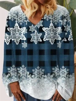 Women's T Shirt Tee Christmas Shirt Pink Red Blue Plaid Snowflake Print Long Sleeve Party Christmas Weekend Festival / Holiday V Neck Regular Fit Painting Spring &Fall