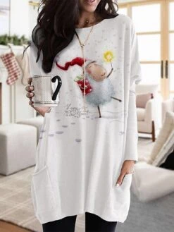 Women's T Shirt Tee Christmas Shirt White Light Grey Gray Cat Santa's Helper Pocket Print Long Sleeve Christmas Weekend Basic Christmas Round Neck Regular Fit Painting