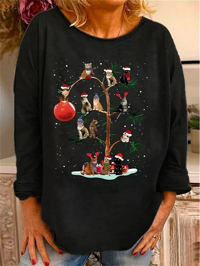Women's T Shirt Tee Christmas Shirt Black Red Blue Cat Print Long Sleeve Christmas Weekend Festival / Holiday Round Neck Regular Fit Painting Spring &Fall 4 Women's T Shirt Tee Christmas Shirt Black Red Blue Cat Print Long Sleeve Christmas Weekend Festival / Holiday Round Neck Regular Fit Painting Spring &Fall - Image 2