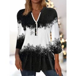 Women's Shirt Blouse Black White Red Graphic Print Snowflake Button Flowing Tunic Print Long Sleeve Christmas Christmas V Neck Regular Fit Fall & Winter -Cheap Women Clothing Store eujyjd1665484316727