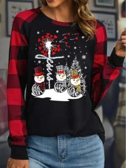 Women's T Shirt Tee Christmas Shirt Black Light Grey Dark Gray Plaid Snowman Print Long Sleeve Christmas Weekend Festival / Holiday Round Neck Regular Fit Painting Spring &Fall