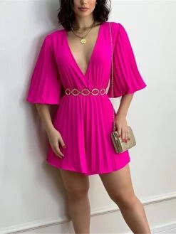 Women's Romper Pleated Solid Color V Neck Streetwear Street Xmas Daily Party Christmas Regular Fit 3/4 Length Sleeve Light Green Pink Fuchsia S M L Summer -Cheap Women Clothing Store evhdbh1681203099587