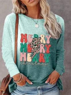 Cheap Women Clothing Store 20 Women's T Shirt Tee Christmas Shirt Purple Orange Green Leopard Letter Print Long Sleeve Daily Weekend Fashion Christmas Round Neck Regular Fit Painting Spring &Fall