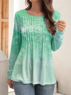 Women's Shirt Christmas Shirt Pink Blue Purple Snowflake Button Flowing Tunic Print Long Sleeve Casual Festival / Holiday Round Neck Regular Fit Spring &Fall -Cheap Women Clothing Store ewclzd1697454157297