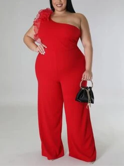 Women's Jumpsuit Mesh Backless Solid Color One Shoulder Streetwear Street Xmas Daily Christmas Loose Fit Sleeveless Black White Red L XL XXL Summer