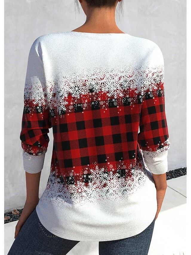 Women's T Shirt Tee Christmas Shirt Red Plaid Snowflake Print Long Sleeve Christmas Weekend Festival / Holiday V Neck Regular Fit Painting Spring &Fall 4 Women's T Shirt Tee Christmas Shirt Red Plaid Snowflake Print Long Sleeve Christmas Weekend Festival / Holiday V Neck Regular Fit Painting Spring &Fall - Image 2