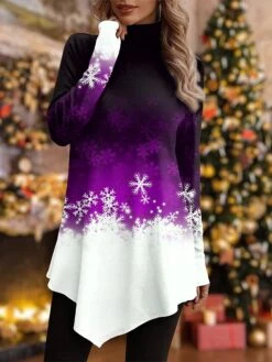 Women's T Shirt Tee Christmas Shirt Red Blue Purple Snowflake Asymmetrical Print Long Sleeve Party Christmas Weekend Festival / Holiday High Neck Regular Fit Painting Spring &Fall 9 Women's T Shirt Tee Christmas Shirt Red Blue Purple Snowflake Asymmetrical Print Long Sleeve Party Christmas Weekend Festival / Holiday High Neck Regular Fit Painting Spring &Fall -Cheap Women Clothing Store extjbg1697455231489