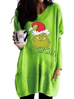 Women's T Shirt Tee Christmas Shirt Grass Green Light Green Army Green Graphic Ugly Christmas Monster Pocket Print Long Sleeve Christmas Weekend Festival / Holiday Christmas V Neck Regular Fit -Cheap Women Clothing Store eyctcj1695291363654