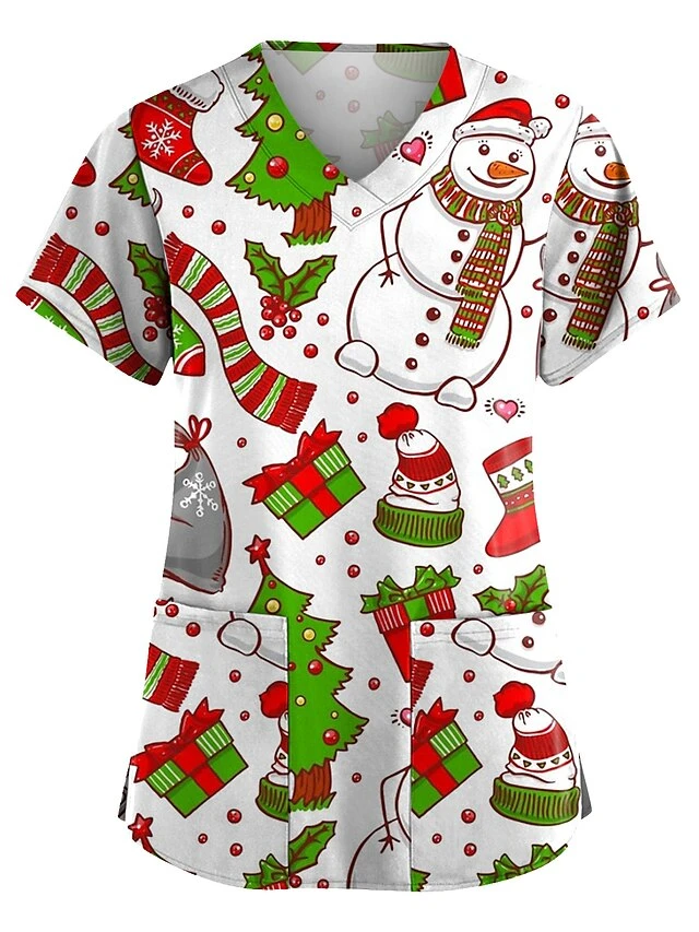 Christmas Scrub Tops Women Christmas Printing Short Sleeve V-Neck Working Uniform With Pocket Pullover Red 3X-Large 4 Christmas Scrub Tops Women Christmas Printing Short Sleeve V-Neck Working Uniform With Pocket Pullover Red 3X-Large - Image 2