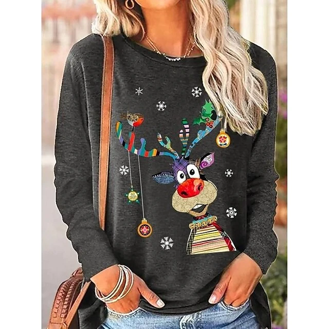 Women's T Shirt Tee Christmas Shirt Malachite Green Black Blue Reindeer Print Long Sleeve Christmas Weekend Basic Christmas Round Neck Regular Fit Painting 5 Women's T Shirt Tee Christmas Shirt Malachite Green Black Blue Reindeer Print Long Sleeve Christmas Weekend Basic Christmas Round Neck Regular Fit Painting - Image 3