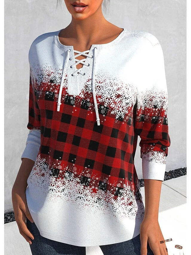Women's T Shirt Tee Christmas Shirt Red Plaid Snowflake Print Long Sleeve Christmas Weekend Festival / Holiday V Neck Regular Fit Painting Spring &Fall 5 Women's T Shirt Tee Christmas Shirt Red Plaid Snowflake Print Long Sleeve Christmas Weekend Festival / Holiday V Neck Regular Fit Painting Spring &Fall - Image 3