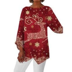 Women's Shirt Christmas Shirt Light Blue T11 Dark Red T10 Dark Blue T12 Plaid Snowflake Deer Print Long Sleeve Party Christmas Casual Round Neck Regular Fit