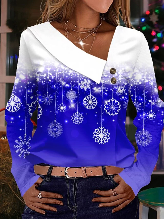 Women's Shirt Blouse Christmas Shirt Yellow Pink Red Snowflake Button Print Long Sleeve Christmas Casual Festival / Holiday Print V Neck Regular Fit Spring &Fall 8 Women's Shirt Blouse Christmas Shirt Yellow Pink Red Snowflake Button Print Long Sleeve Christmas Casual Festival / Holiday Print V Neck Regular Fit Spring &Fall - Image 6