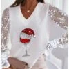 Women's T Shirt Tee Maroon Silver Peach Graphic Reindeer Patchwork Lace Trims Long Sleeve Christmas Casual Christmas V Neck Regular S